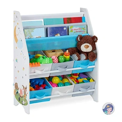 Afbeelding van Relaxdays kinderkast, dieren, 6 boxen, 2 vakken, speelgoedkast, boekenkast kinderkamer, HBD 74x62x31.5 cm, gekleurd