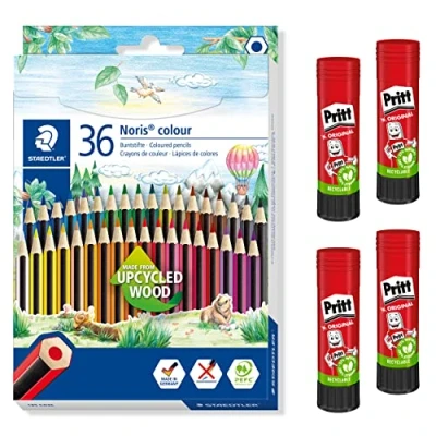 Afbeelding van STAEDTLER Noris Colour Kleurpotlodenset inclusief 4 Pritt lijmstiften, onbreekbaar, ergonomisch zacht oppervlak, sterke, duurzame lijm, 36 kleurpotloden + lijmstiften à 22 g, 185 CD36X