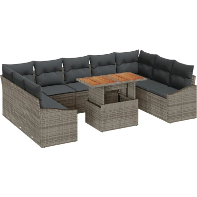 Afbeelding van vidaXL 10 delige Tuindining Set met Kussens Grijs Poly Rattan Acacia