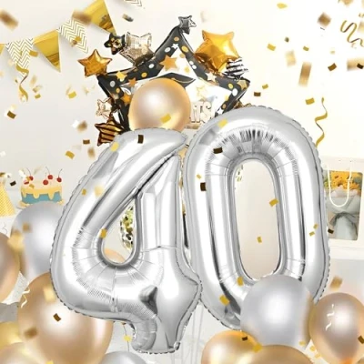 Afbeelding van 40e verjaardag decoratie cijfers ballon 40 jaar folieballon zilver voor mannen vrouwen nummer vliegt met helium verjaardagsfeest &quot; 101 cm