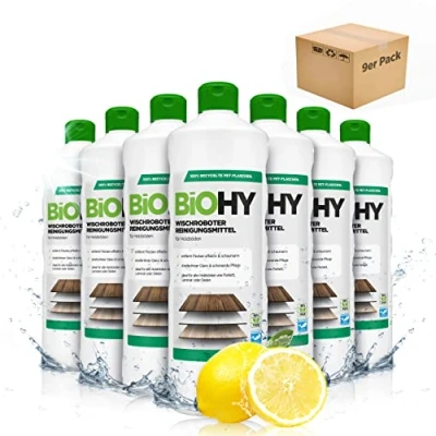 Afbeelding van BiOHY Schoonmaakmiddel voor dweilrobots (9 x 1l Fles) Vloerreiniger houten vloeren zoals parket &amp; laminaat streeploze glans concentraat met frisse geur (Wischroboter Holz)