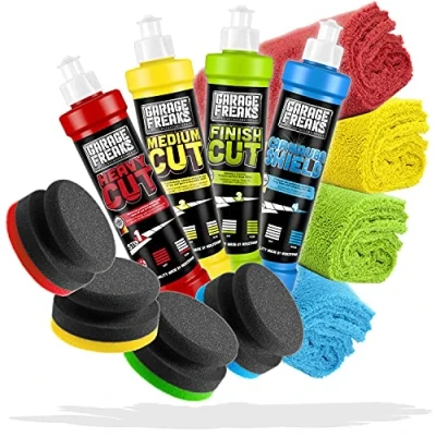 Afbeelding van Garage Freaks Handpolijstset compleet pakket: Heavy Cut 250 ml + Medium Finish Protection Carnauba Shield 4x polijstspons microvezel polijstdoeken 40 x cm 550 GSM