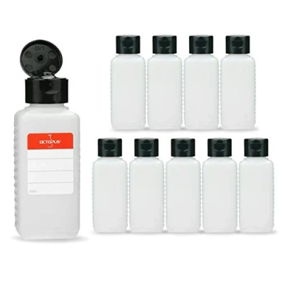 Afbeelding van Octopus 10x 100 ml plastic flessen, HDPE flessen met zwarte klapsluiting, lege scharniersluiting, vierkante incl. beschrijfbare etiketten