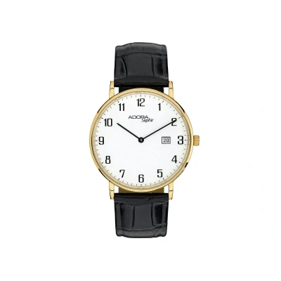Afbeelding van Adora Saphir Herenhorloge AS4775 Klassiek Minimalisme Goudkleurige Kast Saffierglas Zwart Lederen Band Datum
