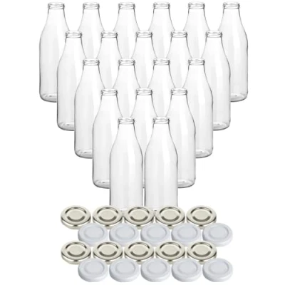 Afbeelding van gouveo Set van 20 glazen flessen voor sap met schroefdeksel in zilverkleurig en wit, sapfles, 1000 ml, lege sap, limonade, melk (SF1000SW)