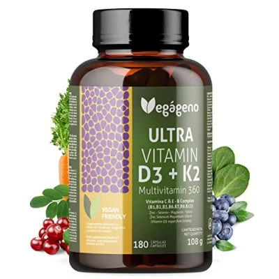 Afbeelding van ULTRA Vitamine D3 en K2 180 Veg capsules. Multivitamine C, E B complex (B1, B2, B3, B6, B9, B12), Biotine, Foliumzuur, Niacine, Thiamine. Mirenals: Zink, Selenium, Silicium Magnesium.