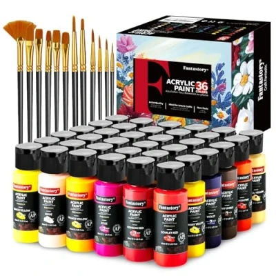 Afbeelding van Fantastory Acrylverf, 36 kleuren x 60 ml, acrylverf met 12 penselen, kleurecht, geschikt voor canvas, hout, keramiek, stof, schilders, volwassenen en kinderen
