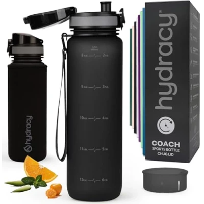 Afbeelding van Hydracy Water Bottle with Time Marker Large 1 Litre BPA Free &amp; No Sweat Sleeve Leak Proof Gym Fruit Infuser Strainer Times to Drink Ideal for Fitness Sport Outdoor