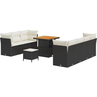 Afbeelding van vidaXL 10 delig tuinbankstel met kussens Zwart Poly Rattan Acacia, 3 tuin eetstel Acacia