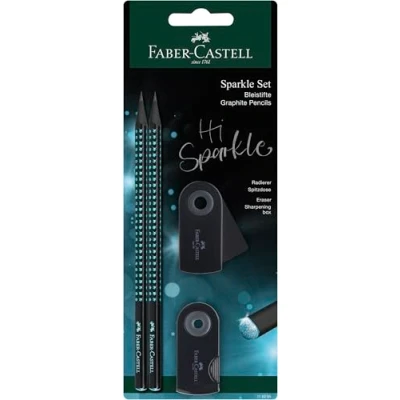 Afbeelding van Faber Castell potlodenset Grip Sparkle Midnight 4 delig op blister 2x grafietpotlood + gum puntenslijper Ocean FC 118295