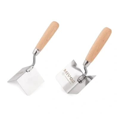 Afbeelding van Mivos 2 x hoektroffel roestvrij 80 60 mm binnenhoekspaan en buitenhoekspaan van staal binnen met houten handvat hoekspatel, made in EU