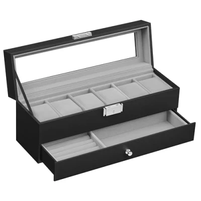 Afbeelding van SONGMICS horlogebox, horlogekast met glazen deksel, 2 niveaus, voor 6 horloges, afsluitbaar, 1 lade, ringen, armbanden, cadeau idee, PU hoes in zwart, binnenvoering grijs JWB060G01