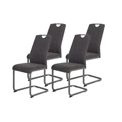 Afbeelding van Apollo Christina, set van 4 eetkamerstoelen, schommelstoel, microvezel, vintage look, antraciet, metalen frame, grijs, rugleuning met handvat