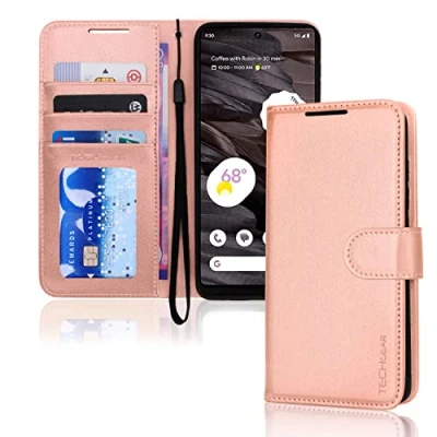 Afbeelding van TECHGEAR Pixel 7a Lederen portemonneehoesje, flip beschermhoesje met portemonnee kaarthouder, standaard en polsband roségoud PU leer magnetische sluiting ontworpen voor Google