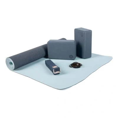 Afbeelding van Bodhi Yoga Starterset compleet, yogamat van TPE, 2 blokken Eva (schuimrubber), riem katoen, beginnersset voor beginners (donkerblauw/lichtblauw)