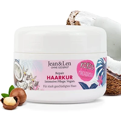 Afbeelding van Jean &amp; Len Repair Haarbehandeling Kokosolie Macadamia, voor ernstig beschadigd haar, gaat haarbreuk tegen, kokosnoot macadamia geur, zonder parabenen en siliconen, veganistisch, 250ml