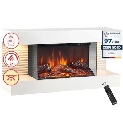 Afbeelding van KAMINIO Elektrische haard LIZ wandhaard met verwarming, 3D vlameffect, LED sfeerverlichting, afstandsbediening Wit