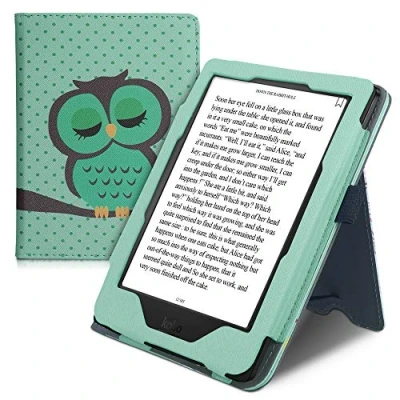 Afbeelding van kwmobile e reader hoesje compatibel met Kobo Clara HD Ereader case van kunstleer Slapende Uil in turquoise/bruin/mintgroen