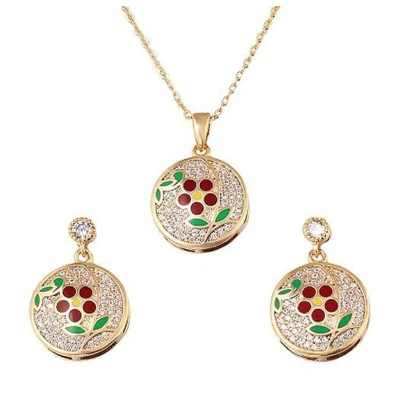 Afbeelding van N3 Collecties Zirkonia Ketting Emaille bloem Ronde hanger Sieraden Set
