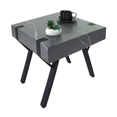 Afbeelding van Mendler Bijzettafel HWC L54, koffietafel, nachtkastje, loungetafel, salontafel, ijzer MDF 50 x 55 cm marmer look grijs