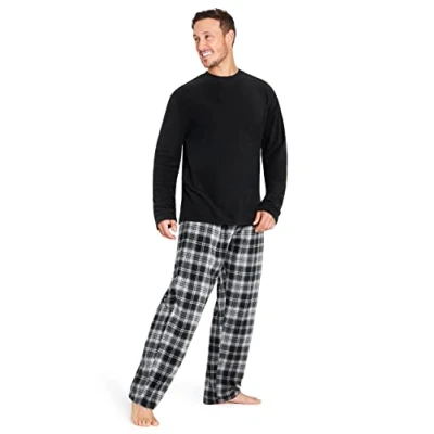 Afbeelding van CityComfort Herenpyjamaset van superzachte fleece, 2 delige set voor heren, loungekleding, nachtkleding, cadeau mannen, Zwart geruit, M