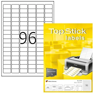 Afbeelding van TopStick 8728 universele etiketten A4 mini (30,5 x 16,9 mm, 100 velle, papier, mat) zelfklevend, bedrukbaar, permanente klevende adresstickers, 9.600 voor printer, wit