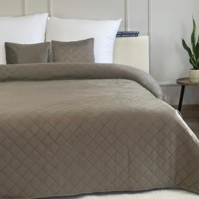 Afbeelding van Euromat Sprei, doorgestikte sprei met 2 kussenslopen 40 x cm (bruin, taupe fluwelen amarante, 180 220 cm)