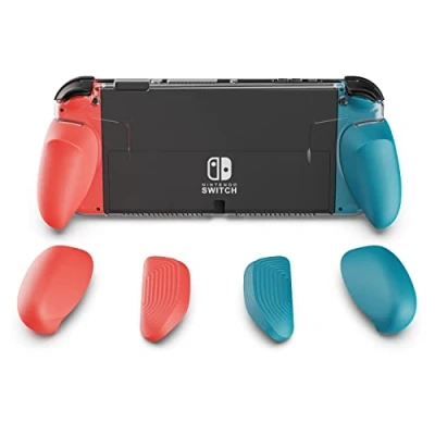 Afbeelding van Skull &amp; Co. GripCase OLED for Nintendo Switch Model: A Dockable Transparent Protective Cover Case with Interchangeable Grips [to fit All Hands Sizes] [No Carrying Case] Neon Blue(L)+Neon Red(R)