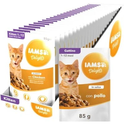 Afbeelding van IAMS Delights Kitten nat voedsel multipack kattenvoer met kip in saus, hoogwaardige voering voor junior katjes van 1 12 maanden, verschillende Maten., 24 x 85 g vershoudzakken, Frischebeutel