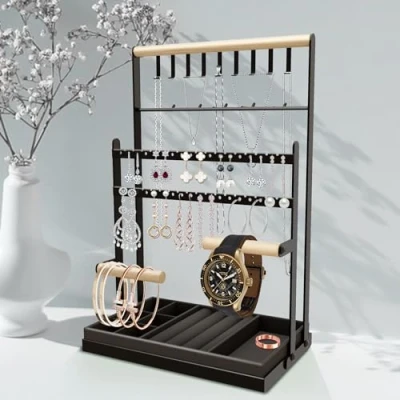 Afbeelding van Sieradenhouder, oorbelhouder, sieradenstandaard, metalen frame, fluwelen dienblad, kettinghouder voor sieraden, oorbellen, halskettingen, ringen, armbanden, zwart