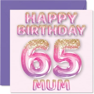 Afbeelding van 65e verjaardagskaart voor mama roze en paarse glitterballonnen gelukkige verjaardagskaarten 65 jarige moeder, moeder van zoon dochter, 145 mm x cadeau