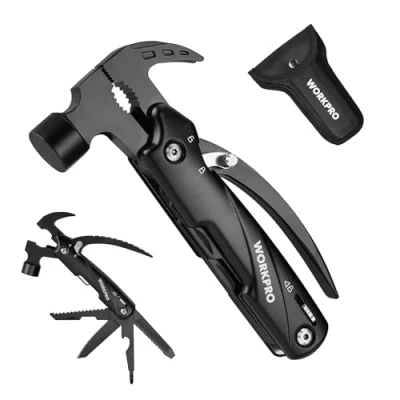 Afbeelding van WORKPRO Multitool Hammer 12 in 1 Werkzeug Camping Multifunktionswerkzeug mit Klappmesser Nagelentferner Zange Säge Bits Geschenke für Feiertag Tragtasche