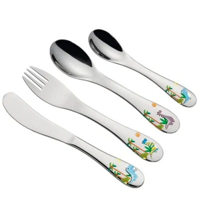 Afbeelding van cilio Kinderbestek DINO 4 delig roestvrij staal ergonomische vorm kindermes 21 cm, kindervork kinderlepel 20 kleine lepel 17 cm dinomotief gegraveerd