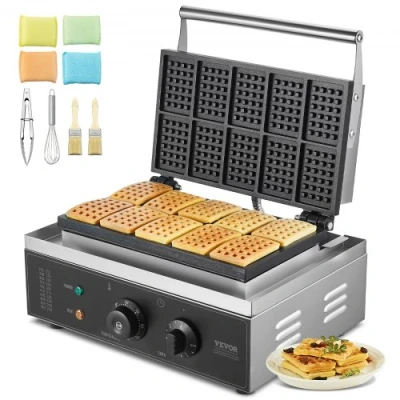 Afbeelding van VEVOR Commercieel Wafelijzer 1550W 10 Rechthoekige Wafels Zilver