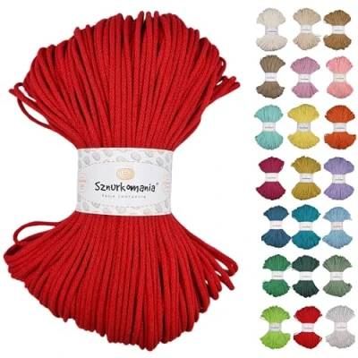 Afbeelding van Sznurkomania Gevlochten katoenen koord, 3 mm, 100 m, 46 kleuren, gehaakt macramégaren, premium garen, macramé touw, rood