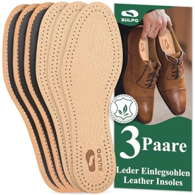 Afbeelding van SULPO 3 paar echt lederen inlegzolen, premium leer, actieve kool, geurabsorberende anti zweet ademend