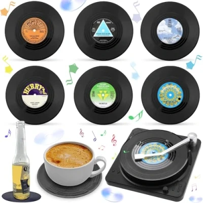 Afbeelding van Liekadijiae 6 Stuks Retro Onderzetters Vinyl Tafelmat, Rock Onderzetters, Antislip Warme Koude met Houder