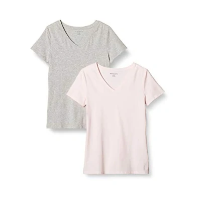 Afbeelding van Amazon Essentials Women&#039;s T shirt met korte mouwen en V hals in klassieke pasvorm, Lichtgrijs/Lichtroze, XS