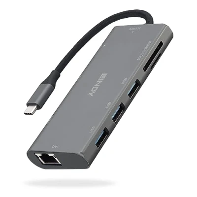 Afbeelding van LINDY 43278 USB C Converter [1x stekker 3x 3.2 Gen 1 bus A (USB 3.0), VGA bus, HDMI RJ45 SD kaartslot, MicroSD kaartenslot]