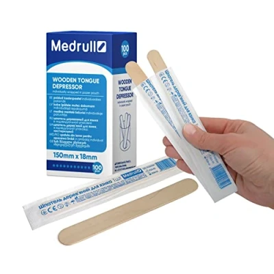 Afbeelding van Medrull Houten mondspatel, 1,8 x 15 cm, 100 stuks, afzonderlijk verpakt in papieren zak, voor het aanbrengen van zalven of was, medische doeleinden, om de mond en keelruimte te onderzoeken
