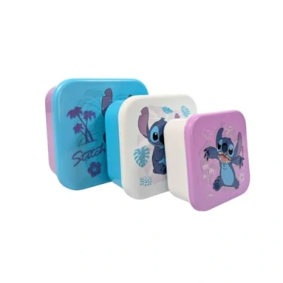 Afbeelding van My sweety pop Set van 3 Stitch snackboxen stapelbare lunchbox 11,5 cm kinderen kleuterschool, school, vakantie paars/blauw/wit
