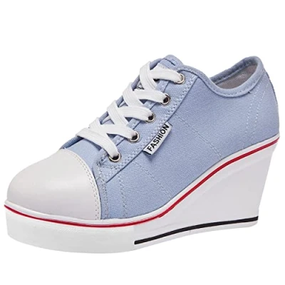 Afbeelding van ANUFER Vrouwen Sleehak Veterschoenen Canvas Hardloopschoenen Blauw SN02435 EU36