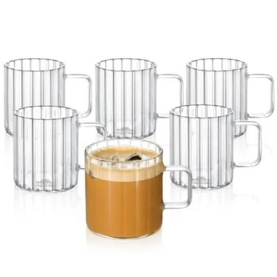 Afbeelding van Wilmax Thermoglazen met handvat, 250 ml, glazen van geribbeld glas voor water, thee, koffie, theeglazen en koffieglazen, bekers warme koude dranken, vaatwasmachinebestendig