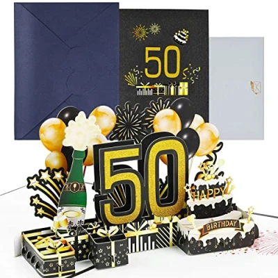 Afbeelding van Joyoldelf Verjaardagskaart voor 50e pop up wenskaarten, 3D kaart, verjaardagskaarten met envelop vrouwen, moeders, meisjes, mannen, vrienden, romantische cadeaukaart