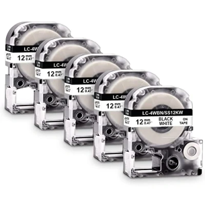 Afbeelding van 5 x Labelwell 12 MM compatibele tape vervanging voor LC 4WBN9 SS12KW zwart op wit LabelWorks LW 300 300L C410 400 600P 500 900P 700 1000 OK200