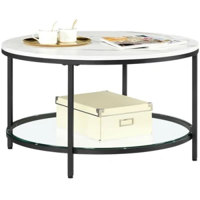 Afbeelding van Vasagle LCT071B13 Salontafel, woonkamertafel, voor woonkamer, met glazen blad, veel opbergruimte, eenvoudige montage, moderne stijl, marmeren wit inktzwart