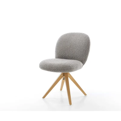 Afbeelding van Eetkamerstoel Nube Flex houten frame hoekig natuur bouclé zilver grijs pocketveer kern 180 draaibaar