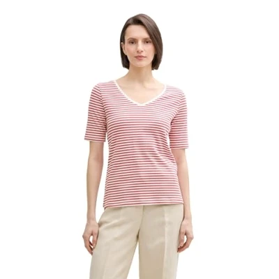 Afbeelding van TOM Tailor MIT Vausschnitt Tshirt print, Dames, Maat: Medium, Berry red regular stripe