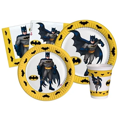 Afbeelding van Party Tableware Set Batman for 24 people (112 pcs: plates Ø23cm, Ø18cm, cups 200ml, 40 napkins 33x33cm) in eco friendly compostable paper