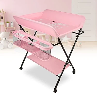 Afbeelding van Babyverschoontafel, opvouwbare commode, mobiele commode met aankleedkussen, veiligheidsgordel en opbergvakken (A,Donkerblauw)